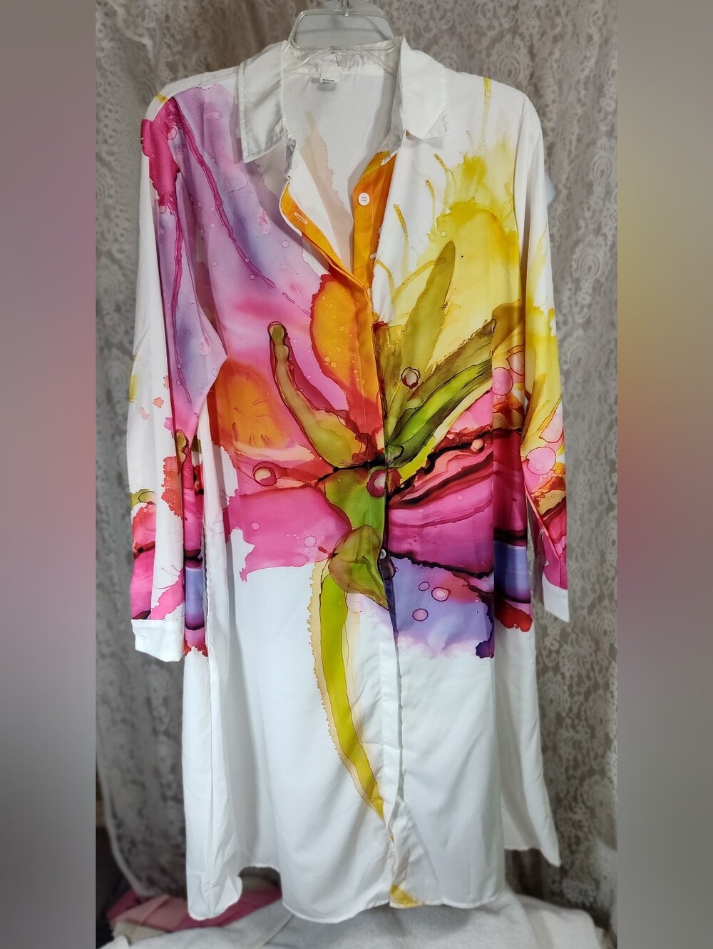 White Floral Watercolor Long-Sleeve Women's Maxi Dress
